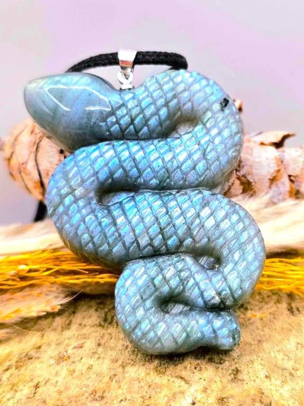 Natural Labradorite Big Snake Pendant Necklace • Strong Flash • Snake Pendant